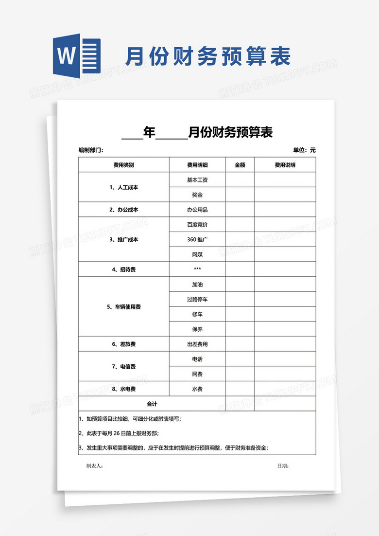 月份财务预算表word模板,                                  格式为