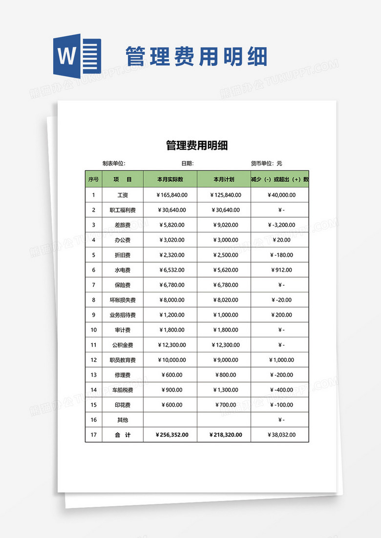 管理费用明细word模板