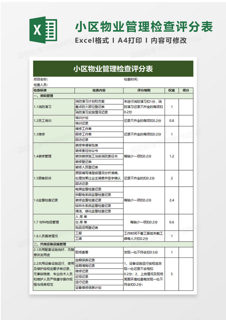 小区物业管理检查评分表excel模板 小区物业管理检查评分表excel模板