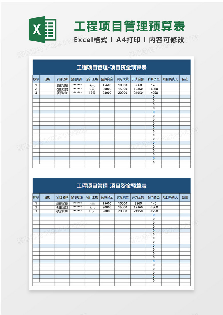 工程项目管理项目资金预算表excel模板