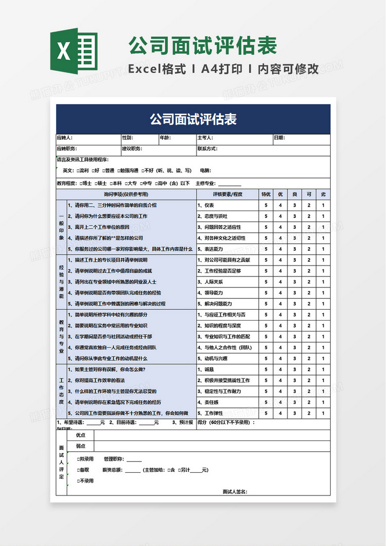 实用公司面试评估表excel模板