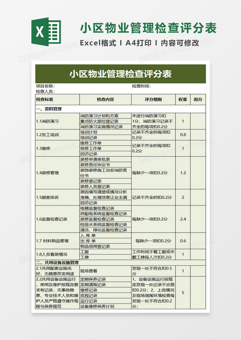 简洁小区物业管理检查评分表excel模板