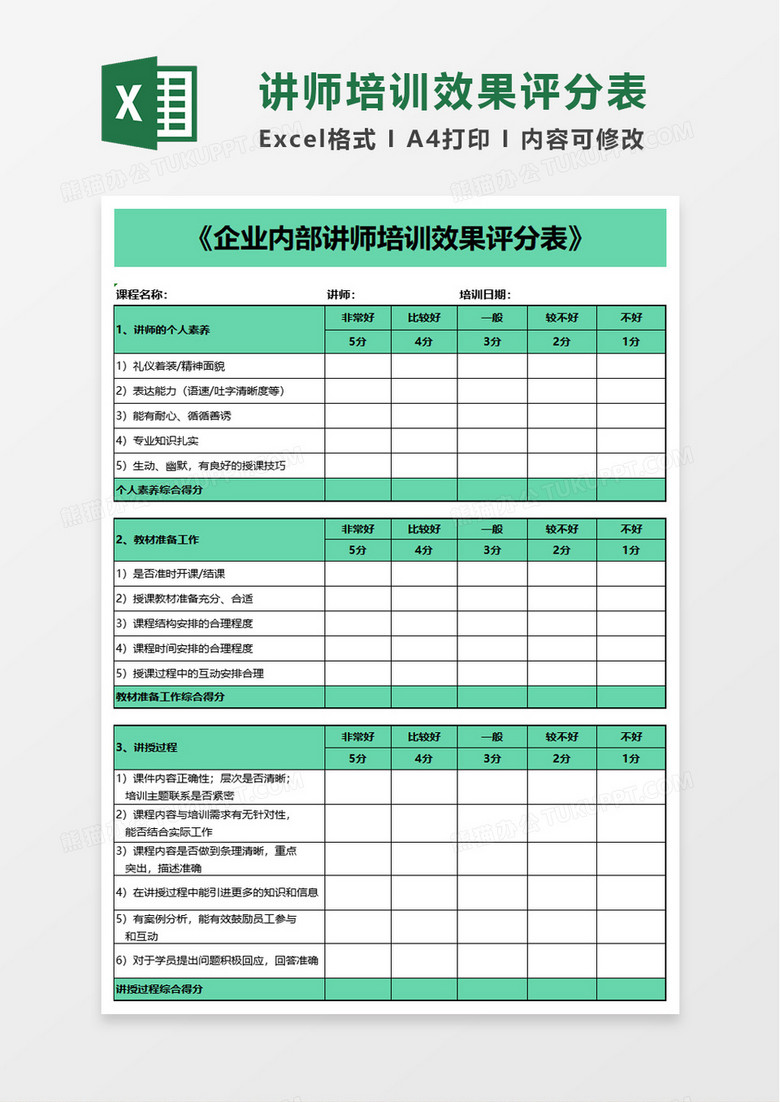 企业内部讲师培训效果评分表excel模板