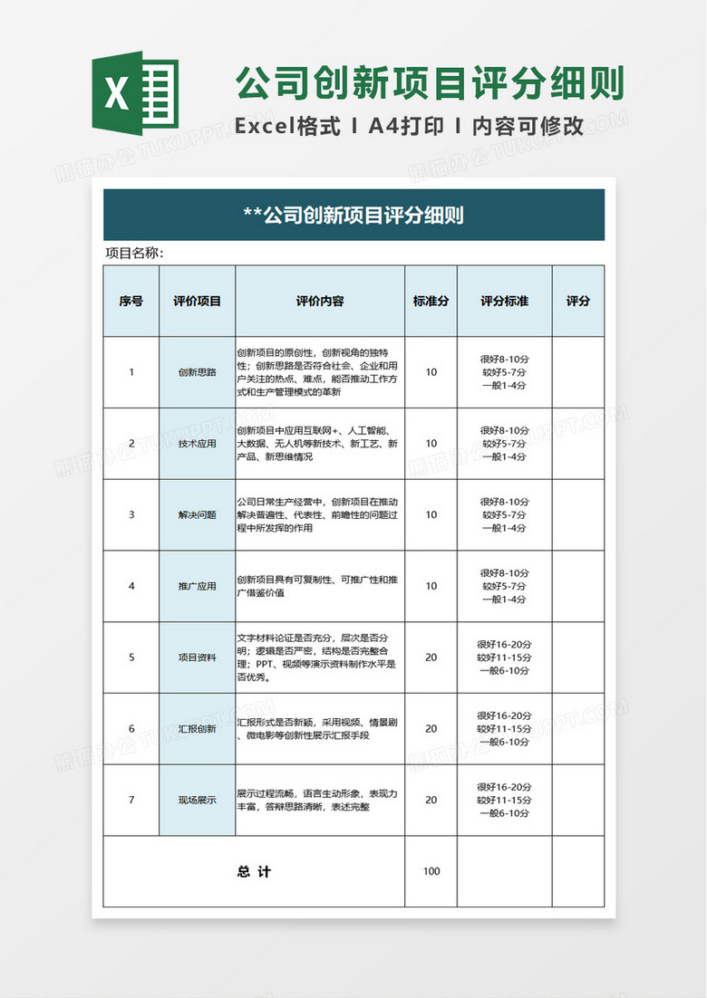 公司创新项目评分细则excel模板