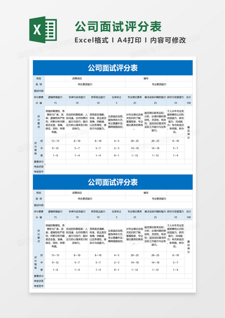 公司面试评分表excel模板