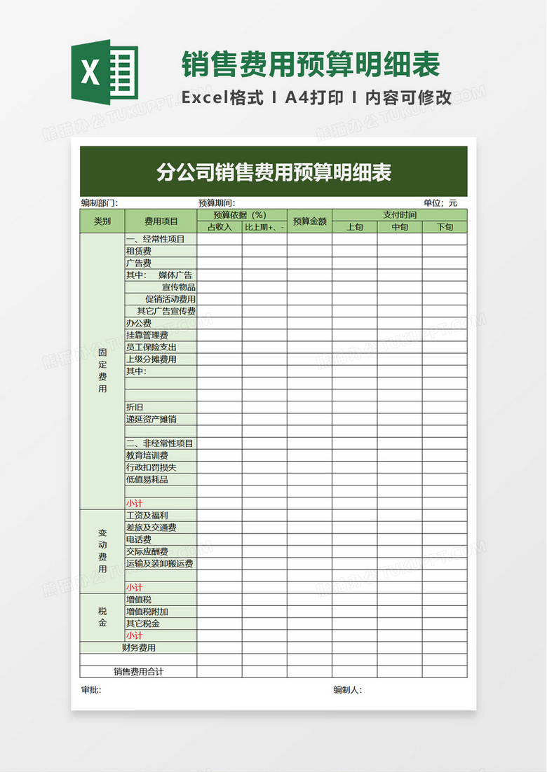 实用分公司销售费用预算明细表excel模板