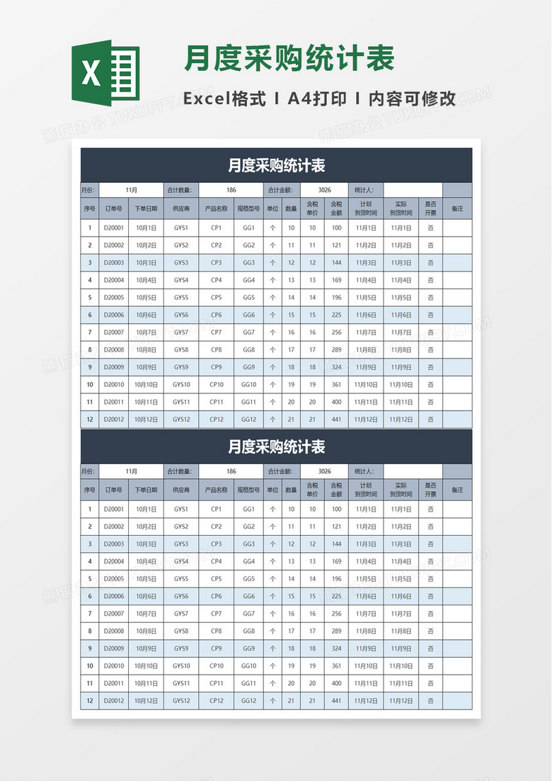 月度采购统计表excel模板