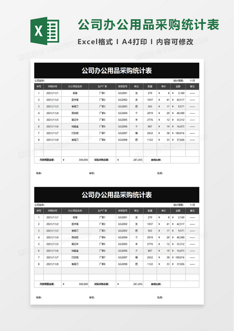 公司办公用品采购统计表excel模板 公司办公用品采购统计表excel模板
