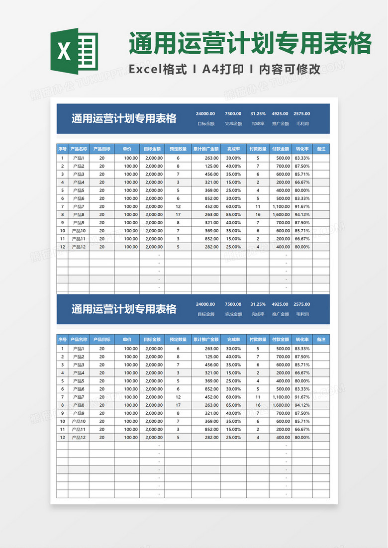 通用运营计划专用表格excel模板