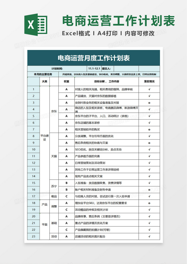 简洁实用电商运营月度工作计划表excel模板