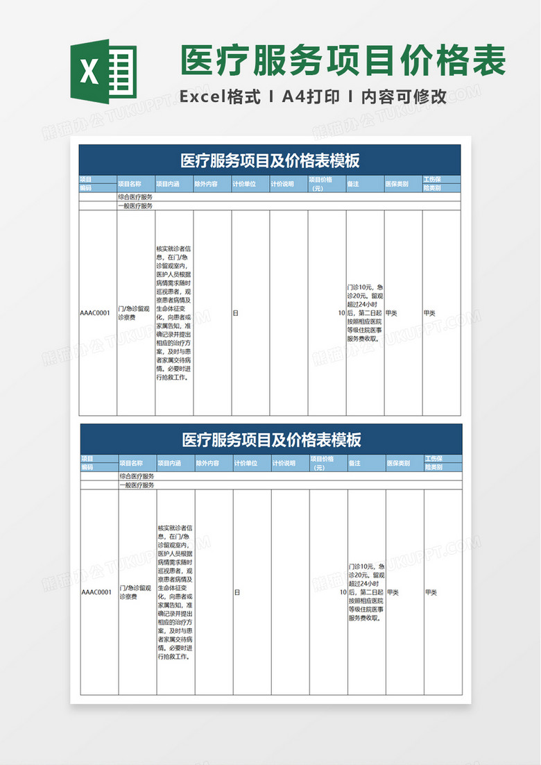 医疗服务项目及价格表模板excel模板 医疗服务项目及价格表模板excel模板