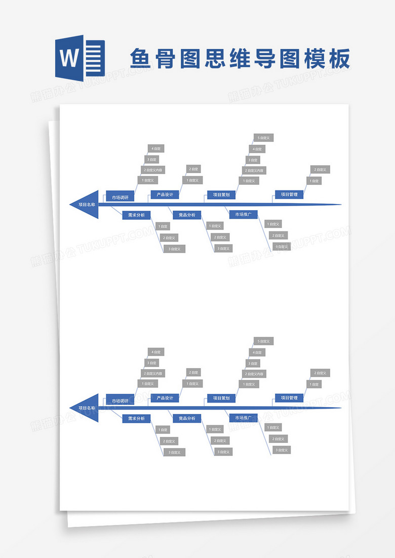 蓝色商务企业组织鱼骨图思维导图word模板 蓝色商务企业组织鱼骨图思维导图word模板
