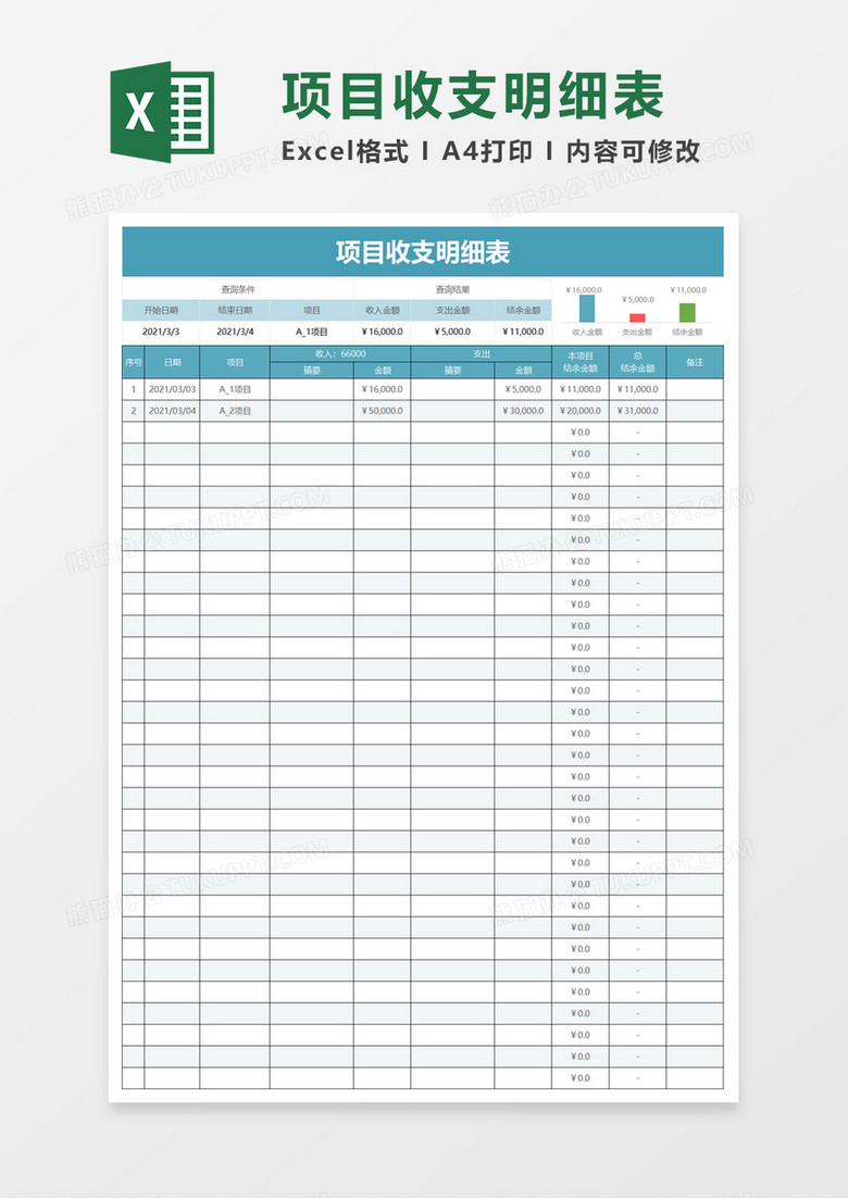 简洁实用项目收支明细表excel模板