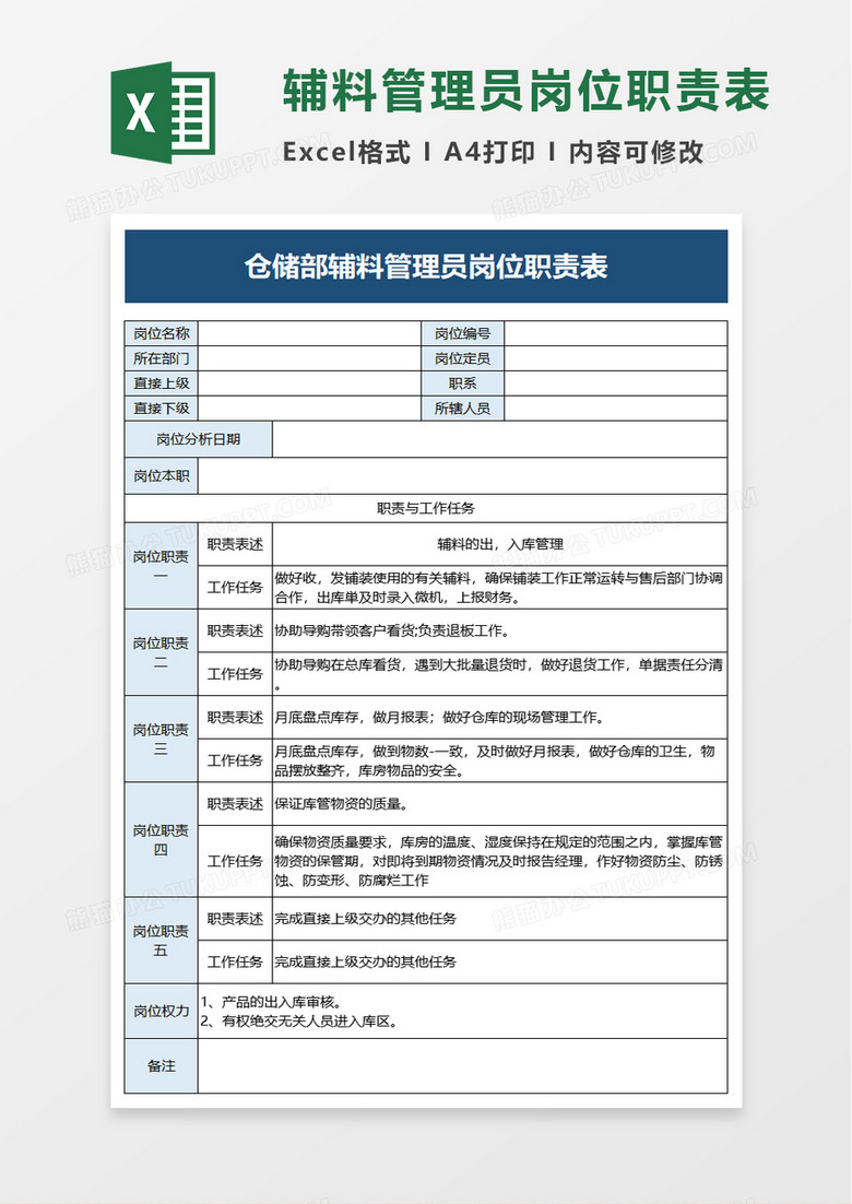 仓储部辅料管理员岗位职责表excel模板