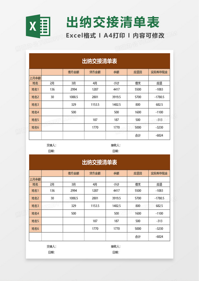 出纳交接清单表excel模板 出纳交接清单表excel模板