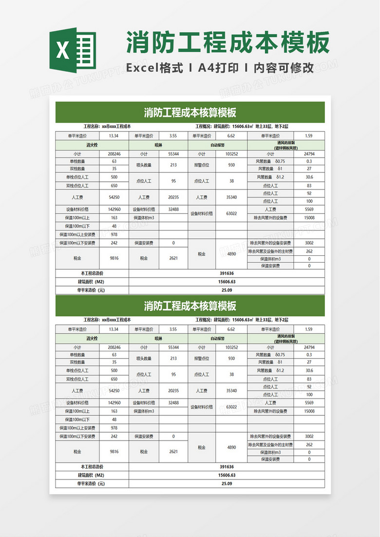 消防工程成本核算模板excel模板