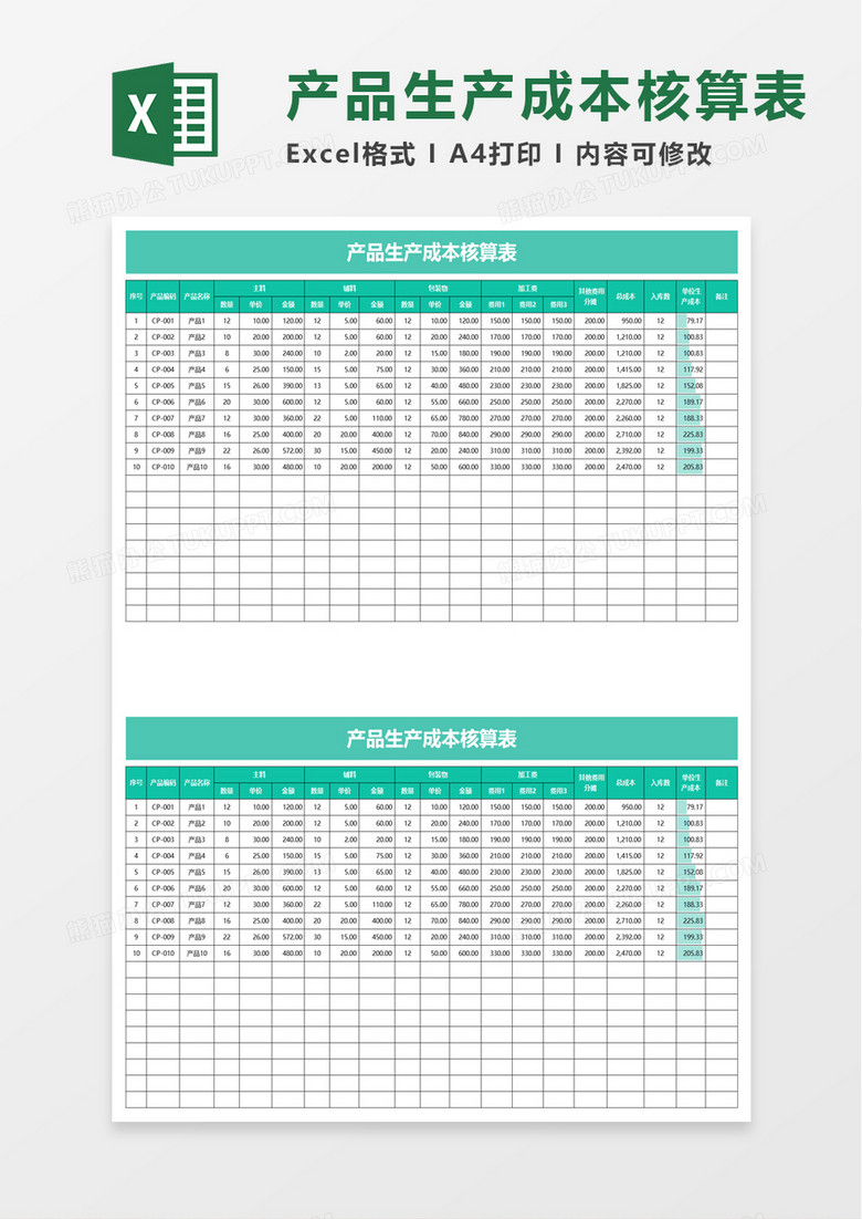实用企业产品生产成本核算表excel模板 实用企业产品生产成本核算表excel模板