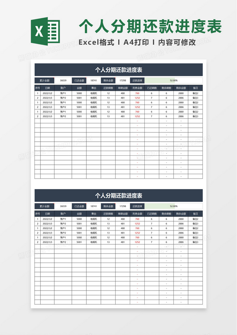 个人分期还款进度表excel模板 个人分期还款进度表excel模板