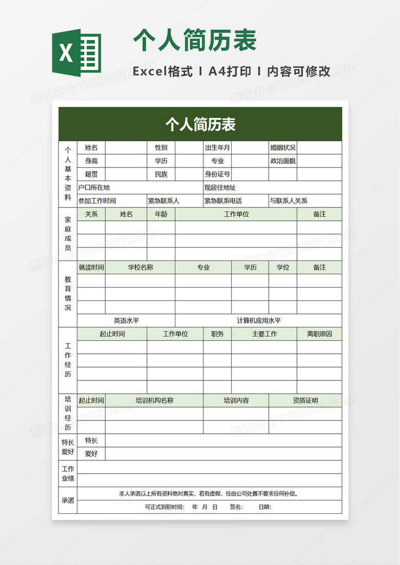简洁绿色个人简历表excel模板 简洁绿色个人简历表excel模板