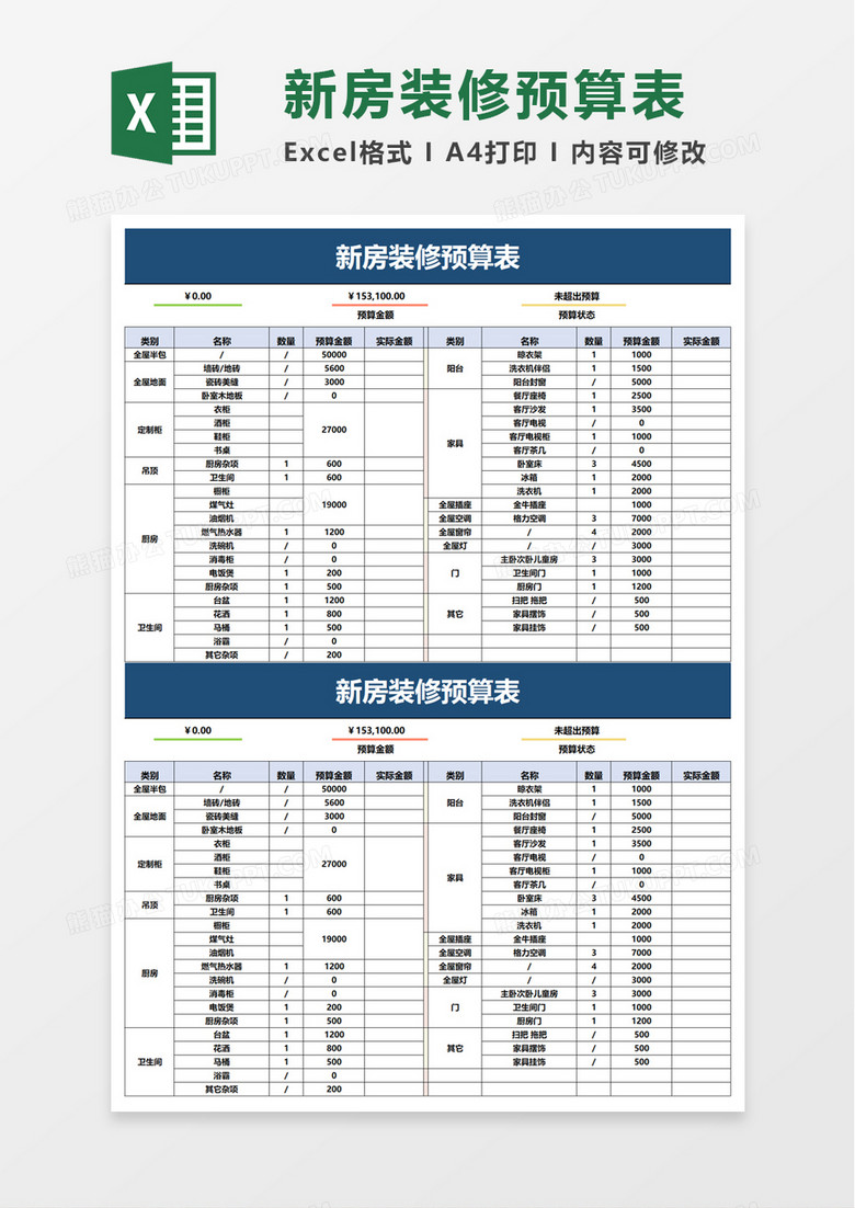 简约个人新房装修预算表excel模板