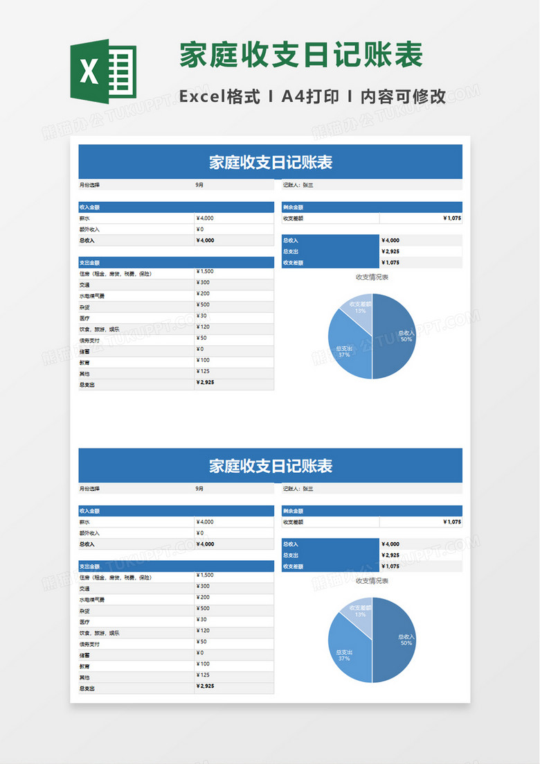 家庭收支日记账表excel模板