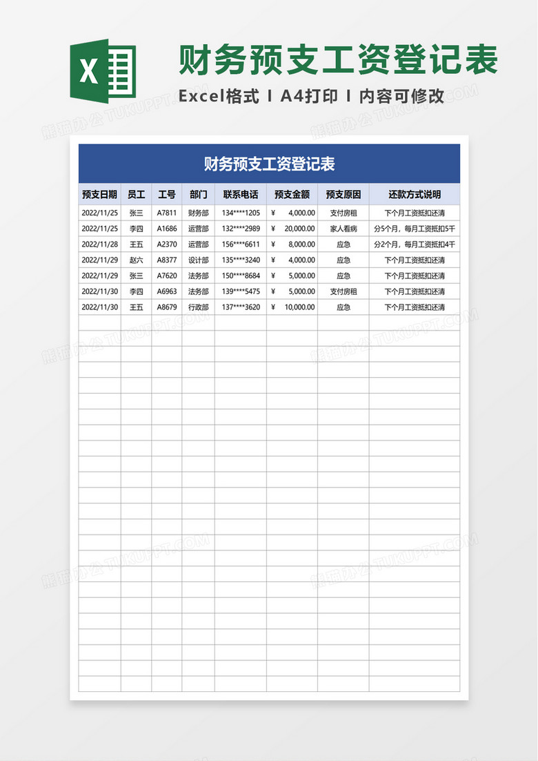 财务预支工资登记表excel模板