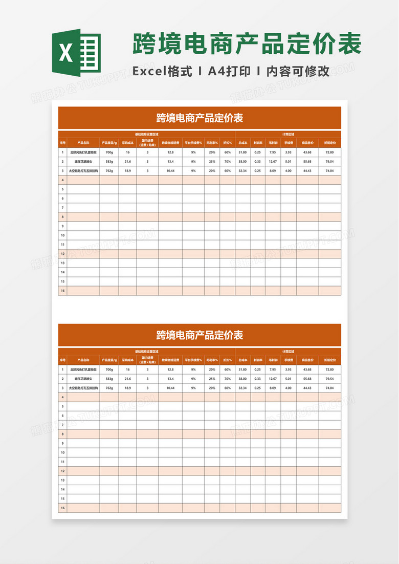 跨境电商产品定价表excle模板