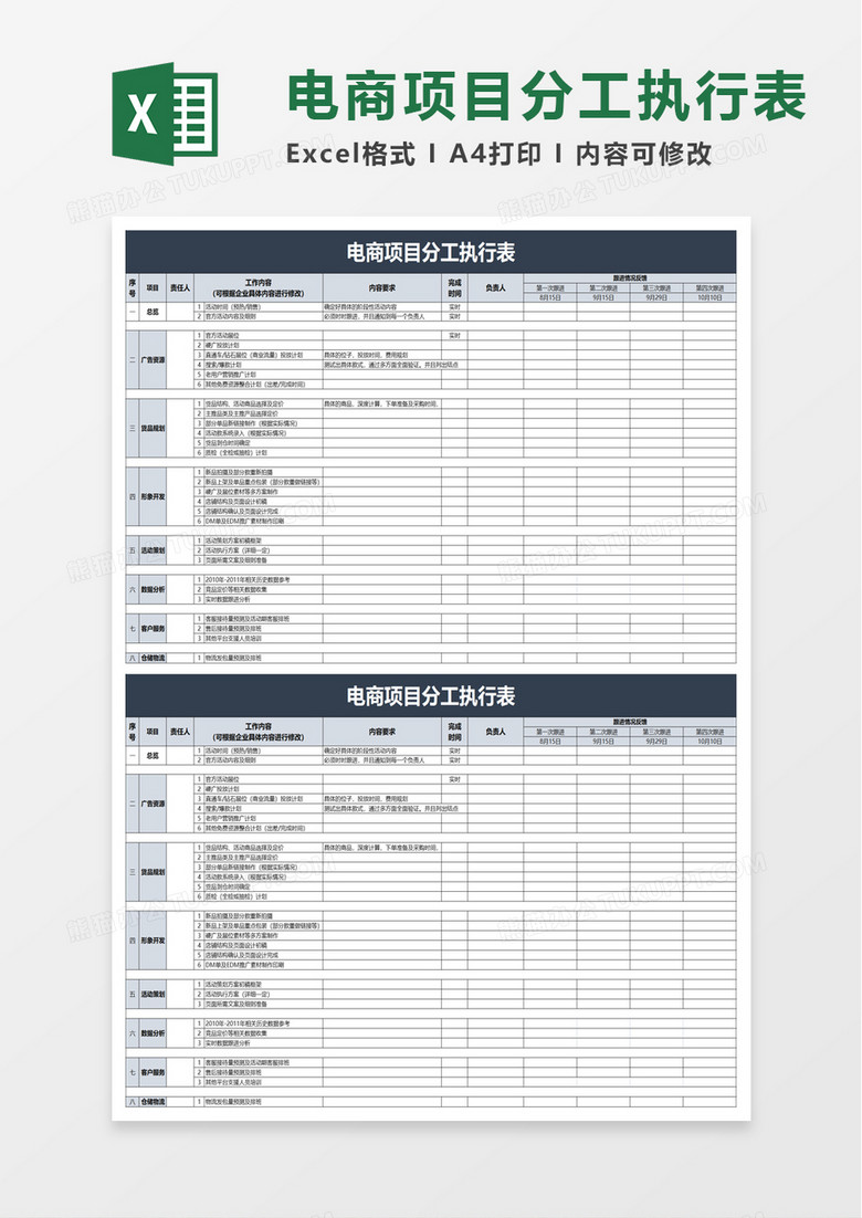 电商项目分工执行表excel模板
