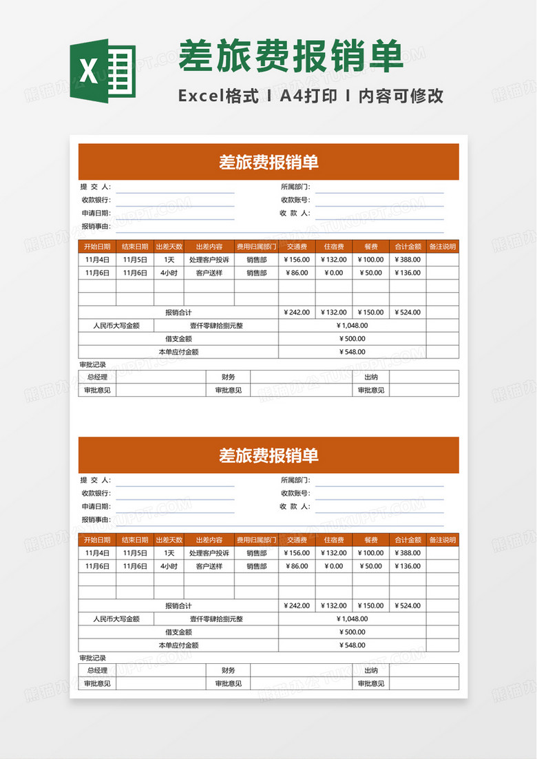财务差旅费报销单excel模板
