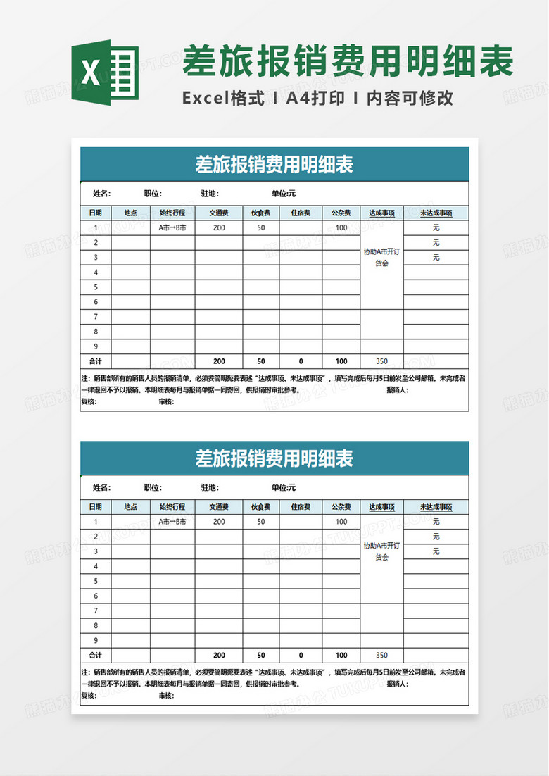 差旅报销费用明细表excel模板