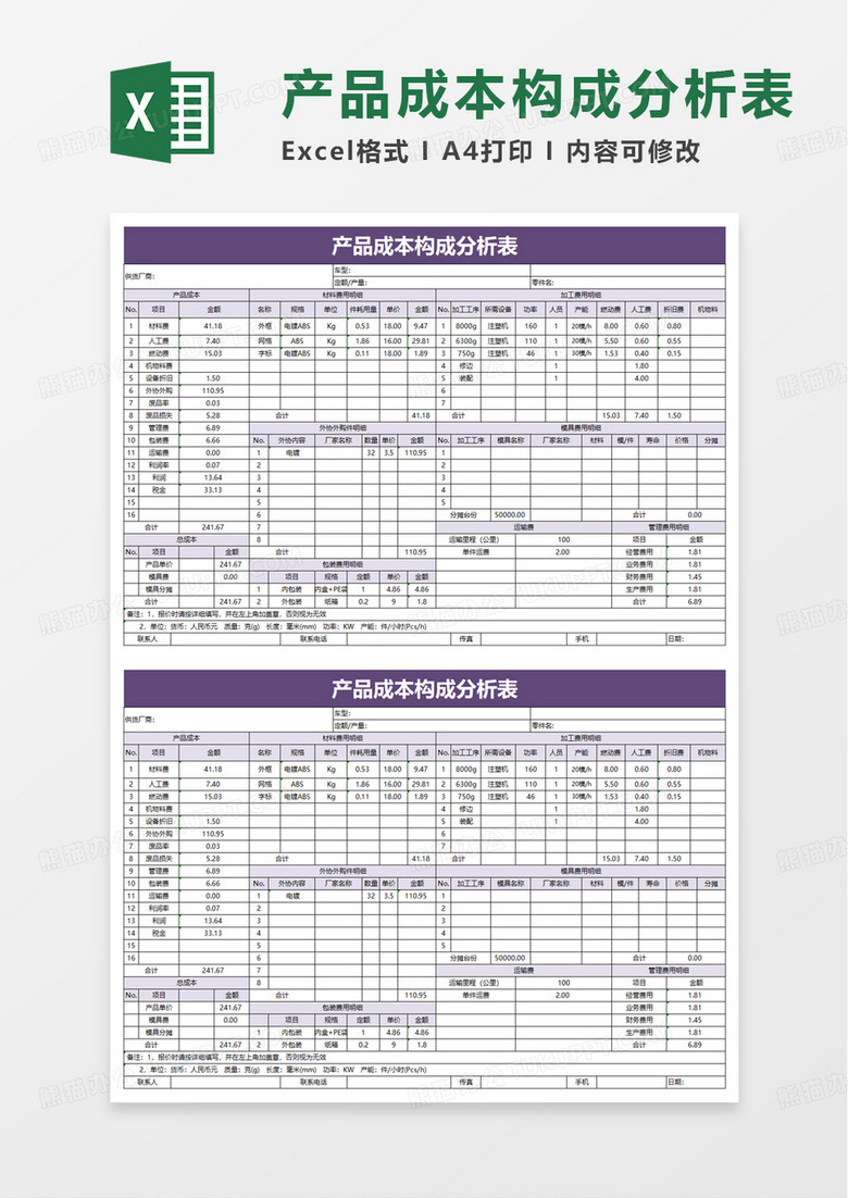 产品成本构成分析表excel模板