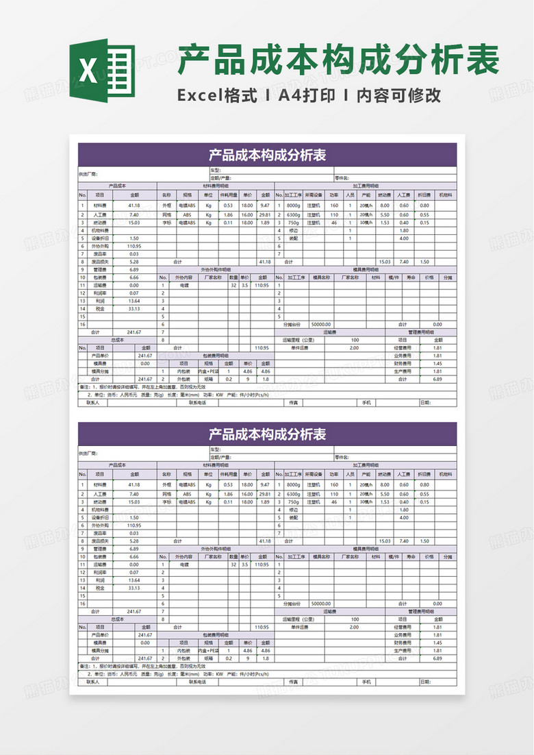 产品成本构成分析表excel模板