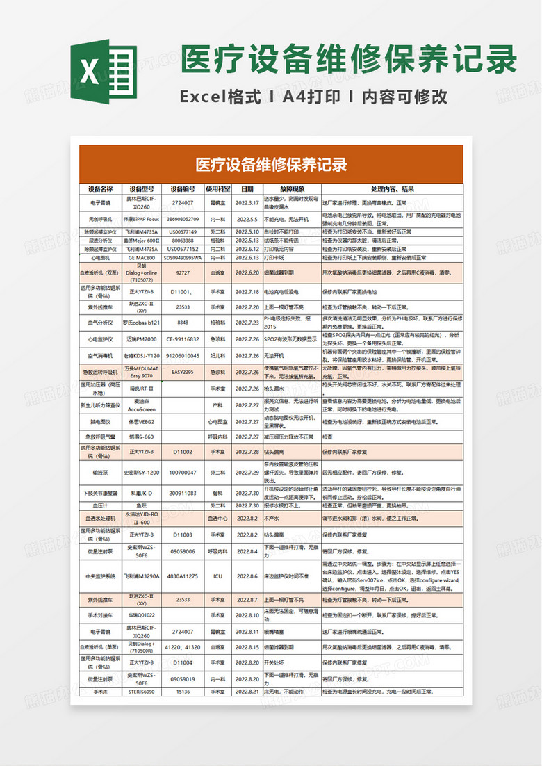 简洁医疗设备维修保养记录excel模板