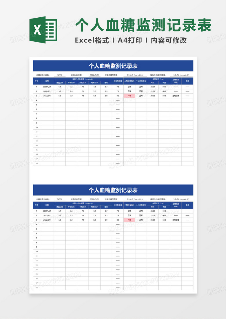 通用个人血糖监测记录表excel模板