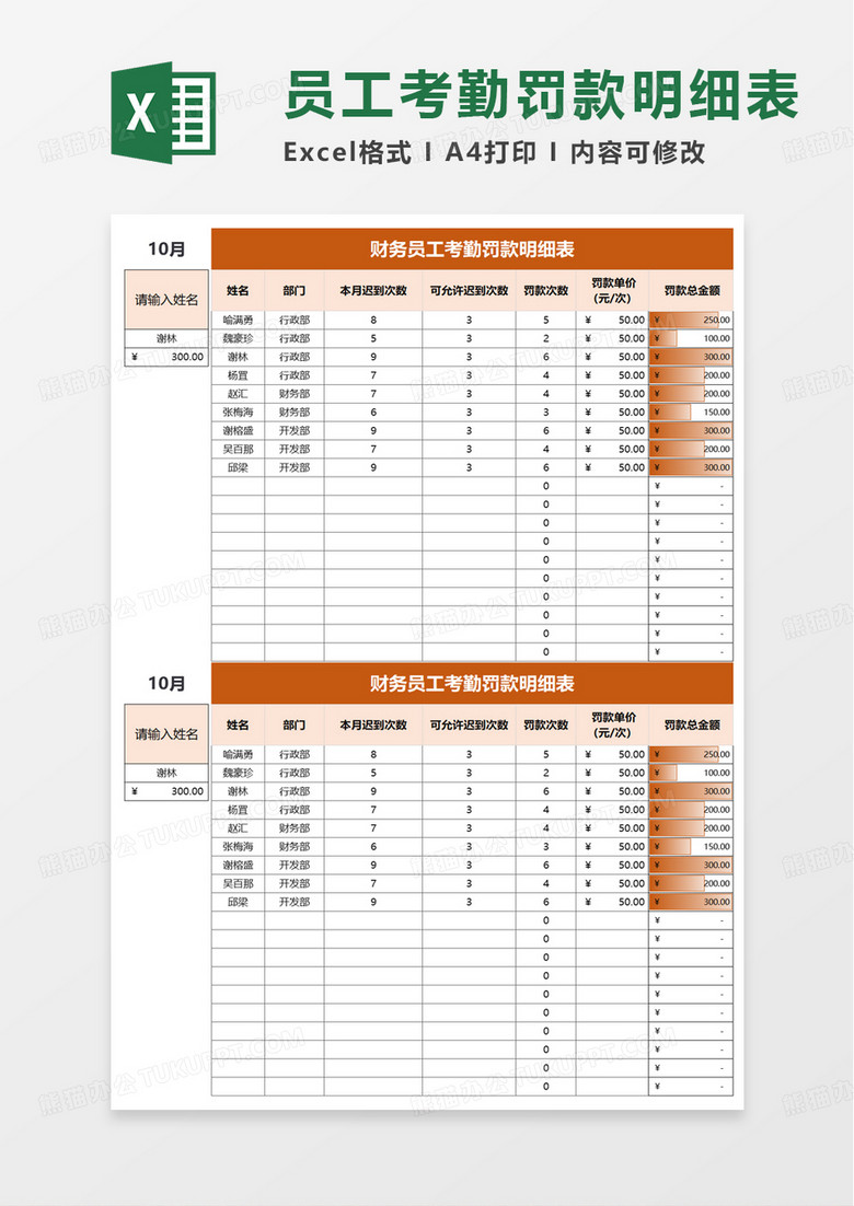 通用财务员工考勤罚款明细表excel模板