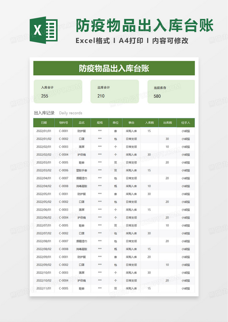 防疫物品出入库台账excel模板