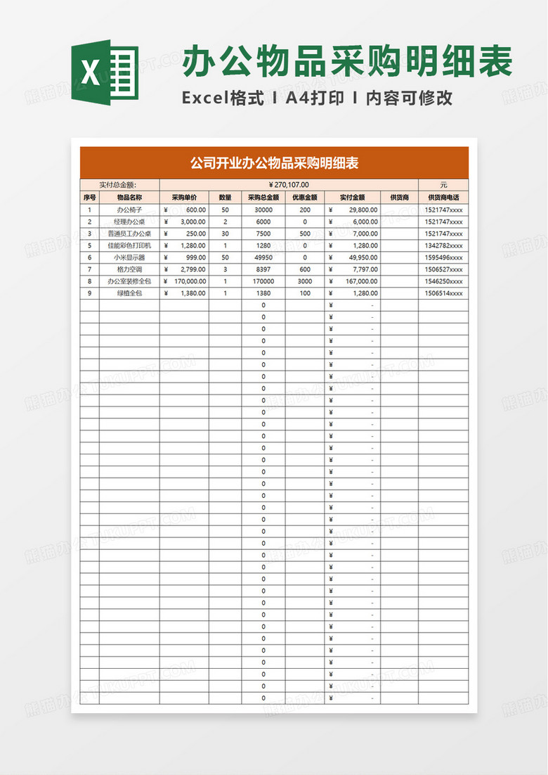 公司开业办公物品采购明细表excel模板 公司开业办公物品采购明细表excel模板