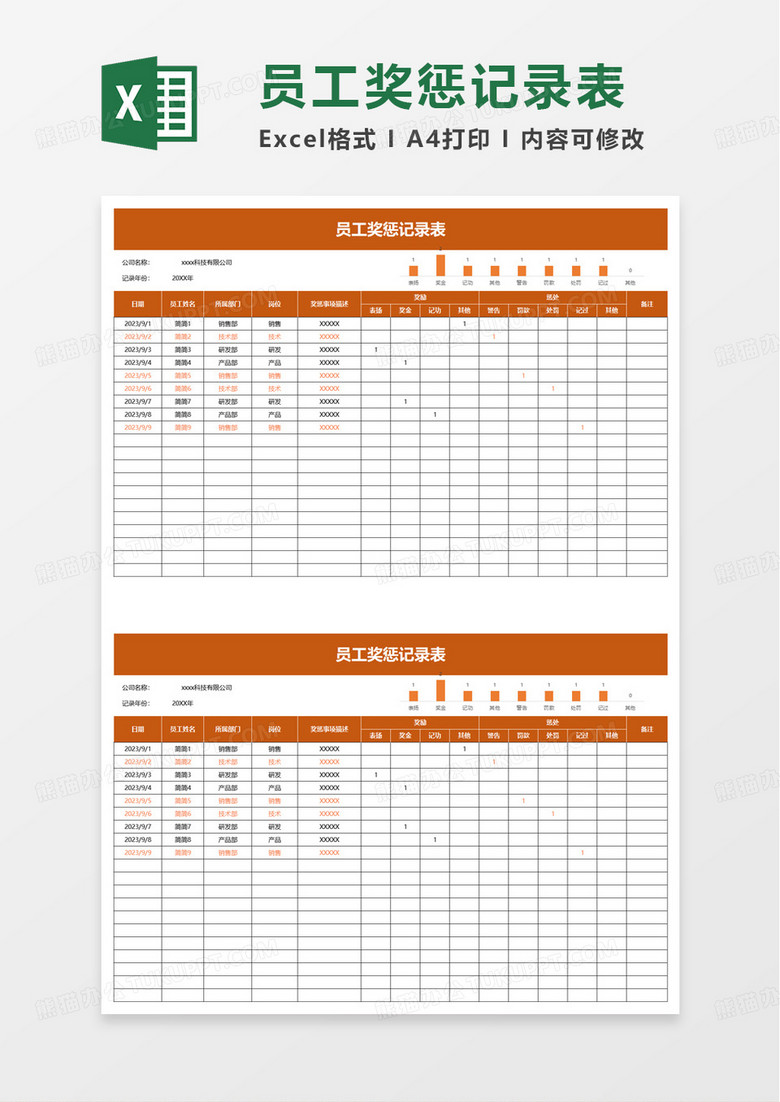 简约员工奖惩记录表excel模板