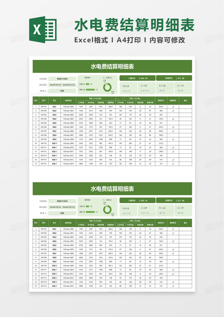 水电费结算明细表excel模板