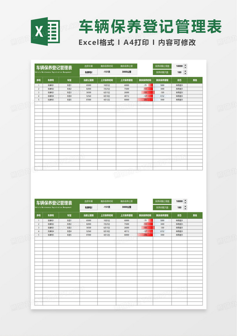 车辆保养登记管理表excel模板