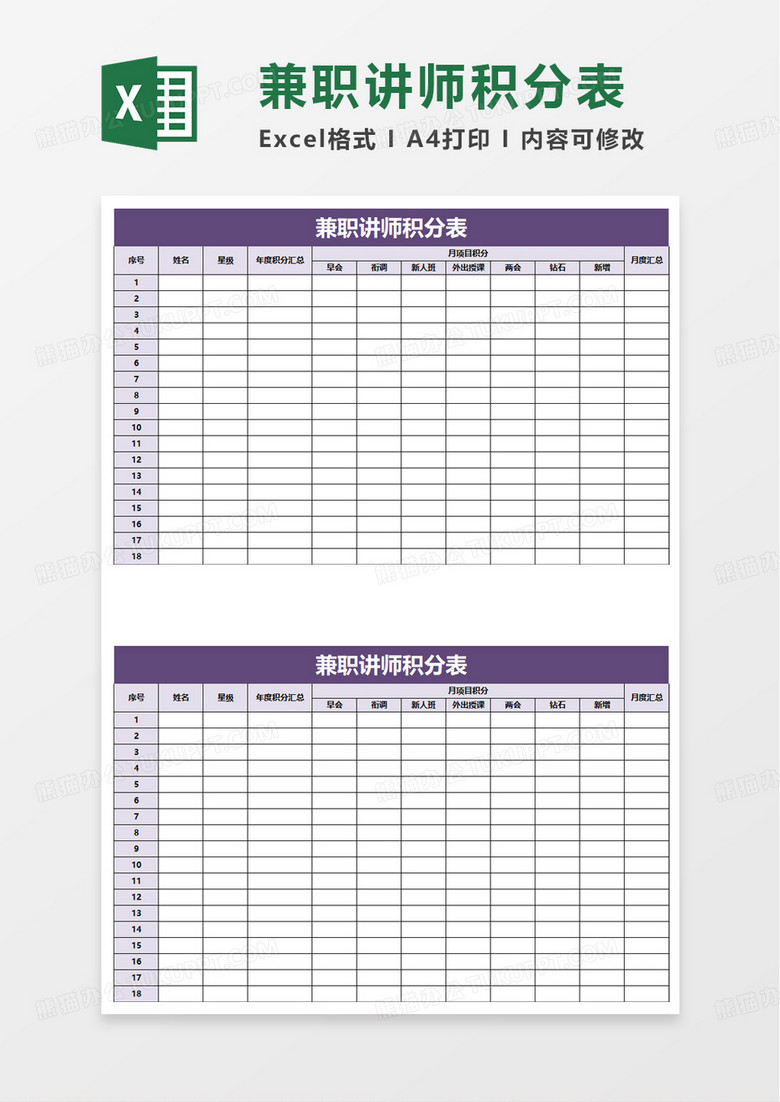 兼职讲师积分表excel模板