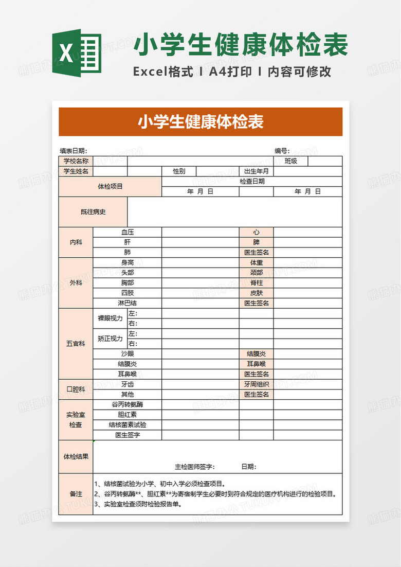 简洁小学生健康体检表excel模板 简洁小学生健康体检表excel模板
