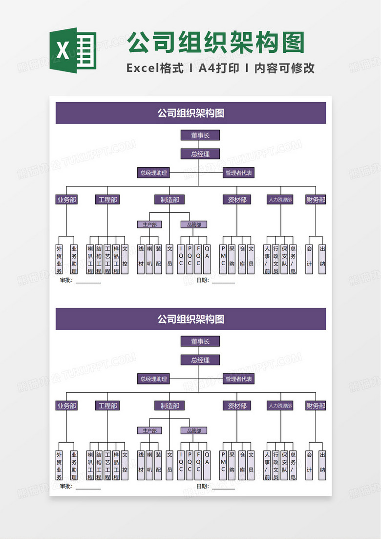 紫色简洁通用公司组织架构图excel模板