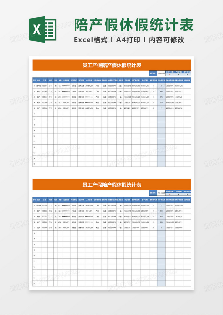 员工产假陪产假休假统计表excel模板