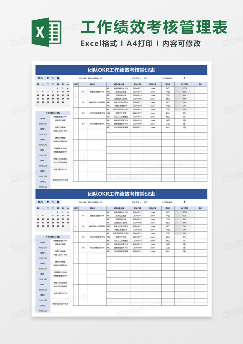 团队OKR工作绩效考核表excel模版