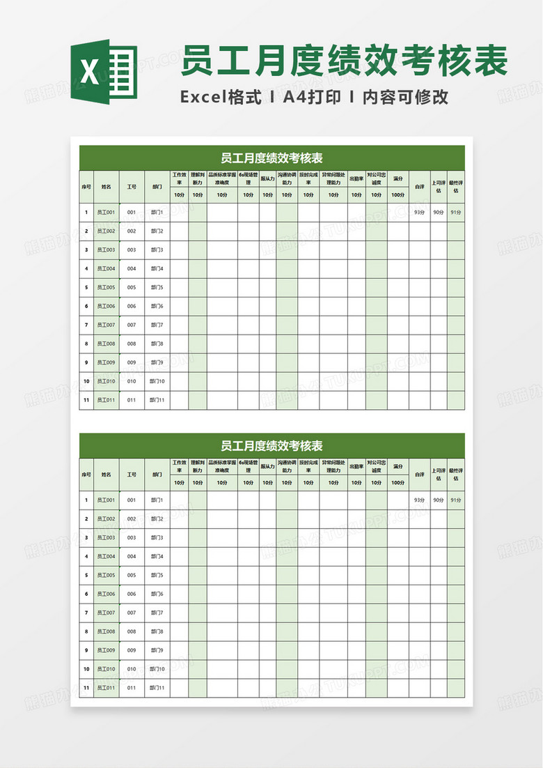 员工月度绩效考核表excel模版