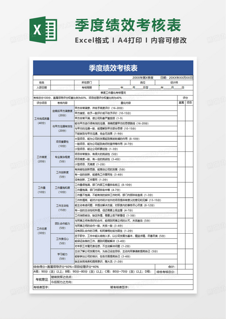 设计师绩效考核表excel模版