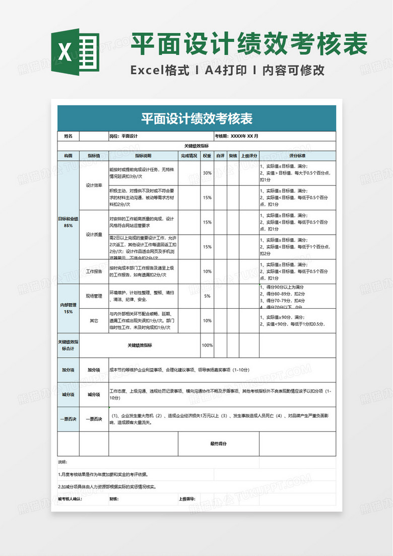 简洁平面设计师绩效考核表excel模版