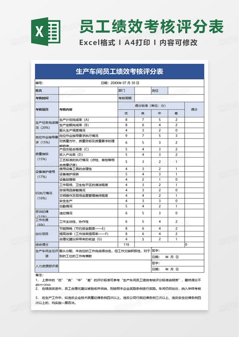 生产车间员工绩效考核评分表excel模板