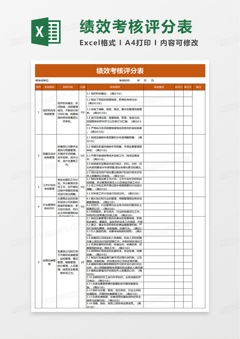 简洁绩效考核评分表excel模板